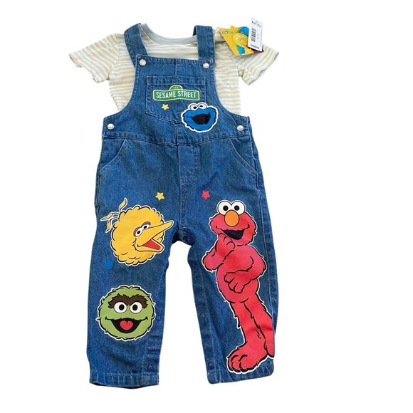 Sesame Street Characters Y2K Infant Overalls & T-Shirt Set 12mos New - Picture 1 of 5